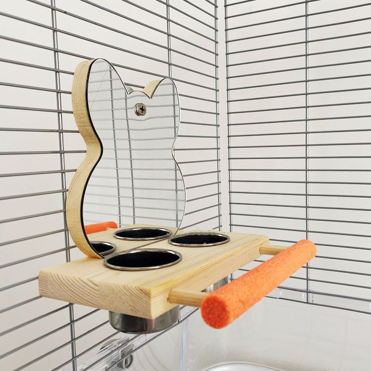 Bird Perch with Mirror & Stainless Steel Food Cup